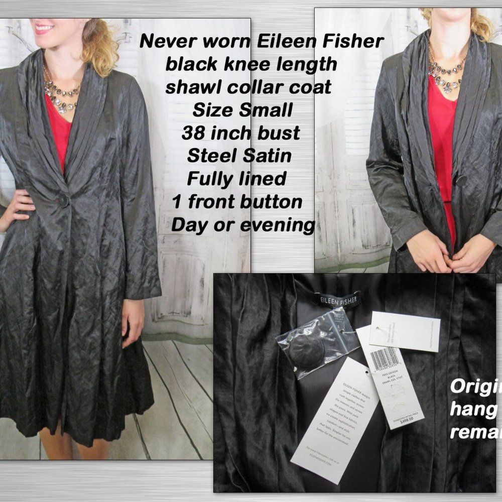 Eileen Fisher coat, Black knee length shawl collar, Fits to 38 inch bust, unworn